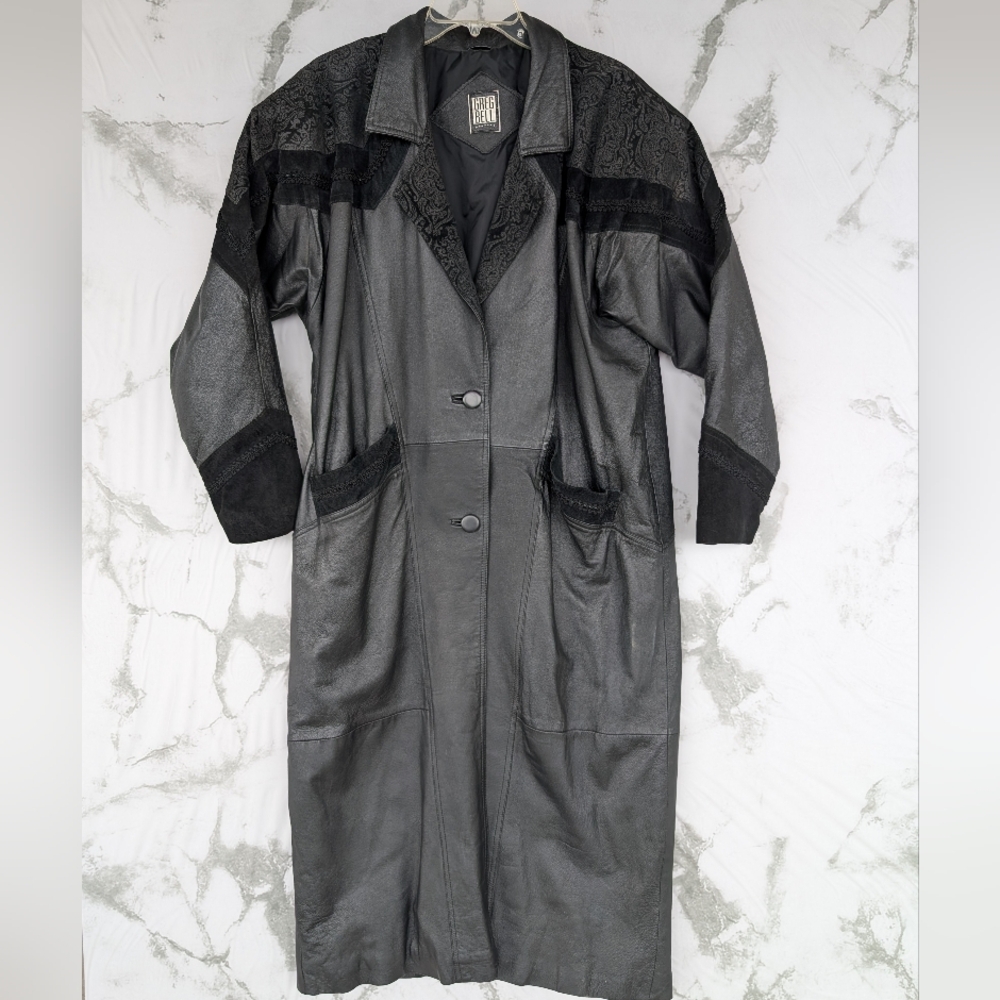 Vintage Greg Bell Women's Black Leather Trench Coat Paisley Suede XL